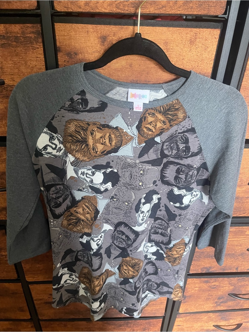 LuLaRoe Gray Raglan  with Monster Faces